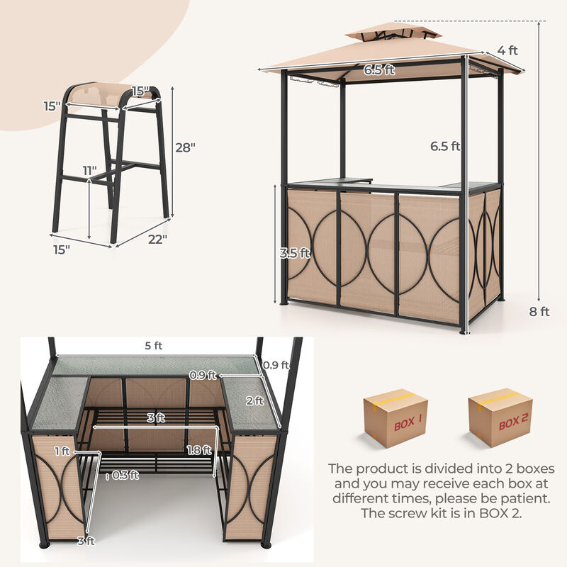 3-Piece Patio Bar Set with Grill Gazebo, 2 Bar Stools, and Tempered Glass Bar Table