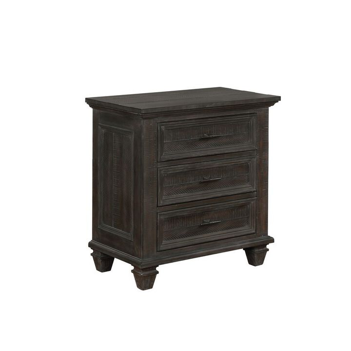 Planked Rough Hewn Saw Texture 3 Drawer Nightstand with Metal Handle, Gray-Benzara