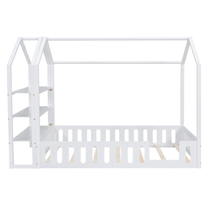 Full Size Wood House Bed with Fence and Detachable Storage Shelves, White