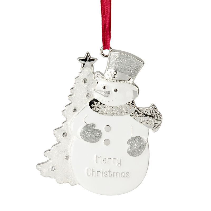 3.5" White Silver-Plated Snowman Merry Christmas Ornament with European Crystals image number 1