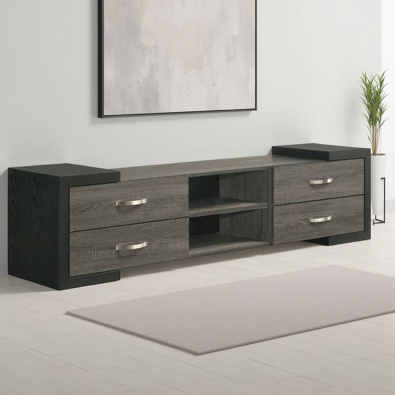 Teny TV Stand Media Cabinet, 70 Inch, 4 Drawers, Black Edge, Gray Wood