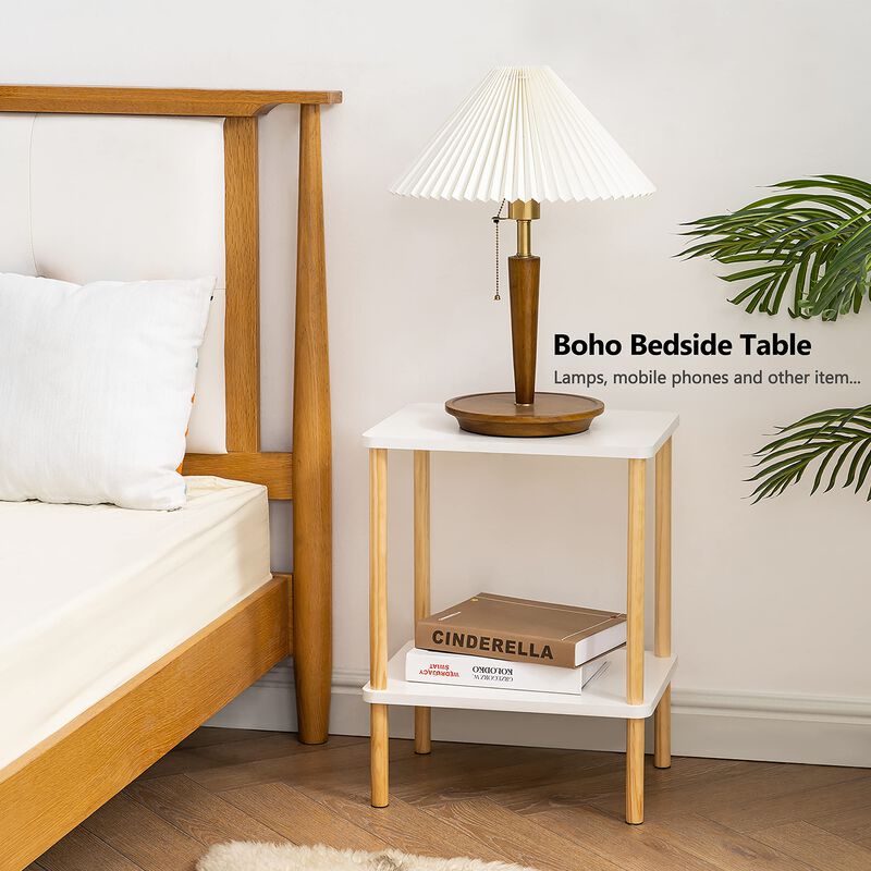 Apicizon 2 Tier End Table Set of 2, Boho Side Table with Storage Shelf, Nightstand Bedside Table for Small Spaces, Bedroom, Livi