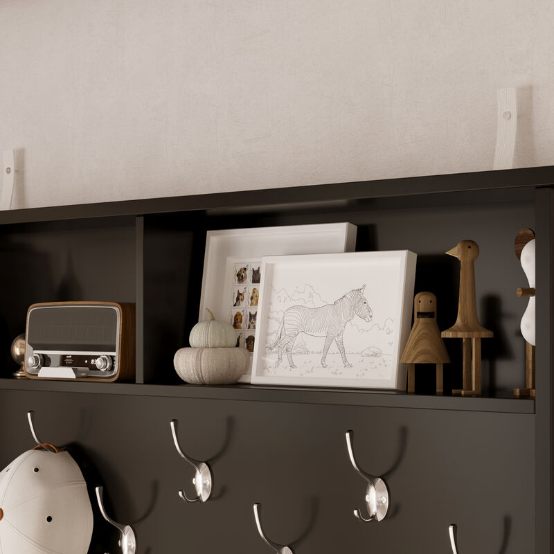 68.5 in. Black Wood 3-in-1 Hall Tree Coat Rack Storage Bench with 7-Metal Double Hooks and Shelves