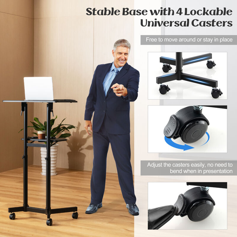 Mobile Lectern Podium Height-adjustable Rolling Laptop Cart with Tilting Top Storage Tray image number 7