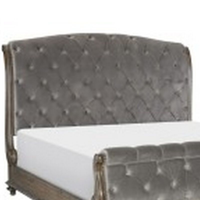 Danya Queen Bed, Sleigh Style, Tufted Rolled Headboard, Nailed Gray Velvet