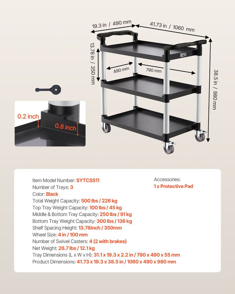 Utility Cart 3-Tier &ndash; Rolling Cart with Swivel Wheels image number 6