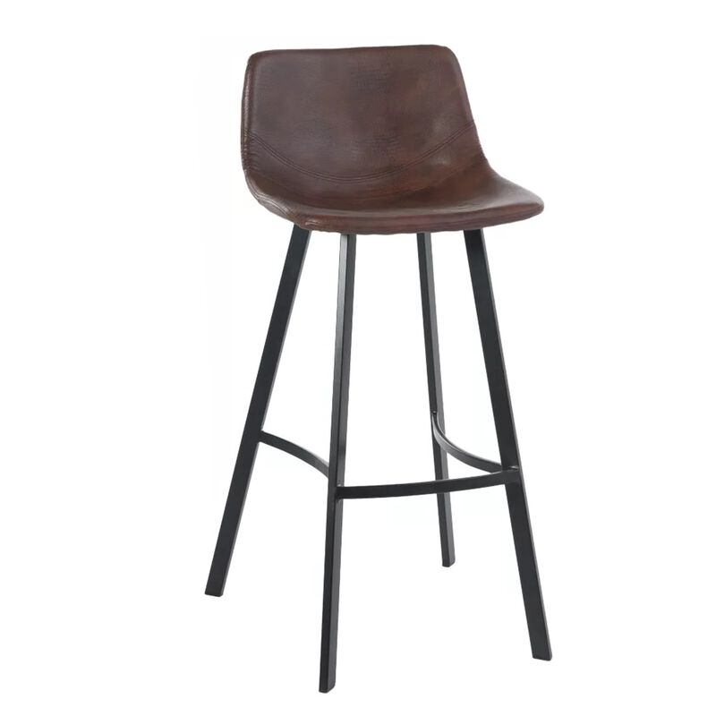 Barstool Chair Set of 2, Curved Seat, Black Steel, Brown Faux Leather - Benzara