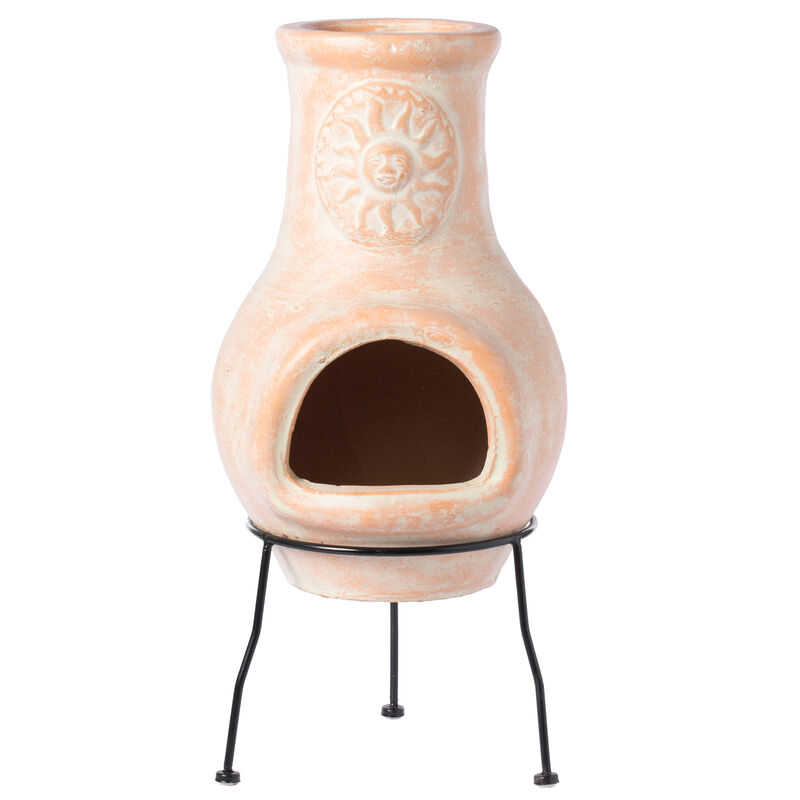 Beige Outdoor Clay Chimney Outdoor Fireplace Sun Design Charcoal Burning Fire Pit with Sturdy Metal Stand, Barbecue, Cocktail Party, Family Gathering, Cozy Nights Fire Pit