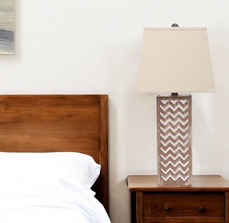 Hivvago 28" Distressed Natural And Silver Metal Bedside Lamp With Beige Cone Shade