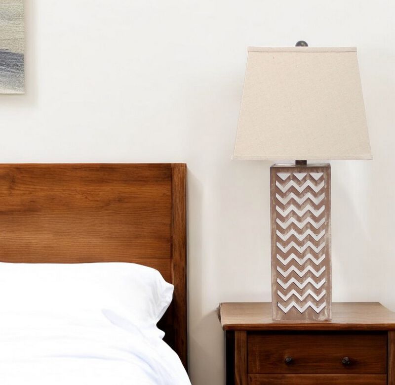 Hivvago 28" Distressed Natural And Silver Metal Bedside Lamp With Beige Cone Shade