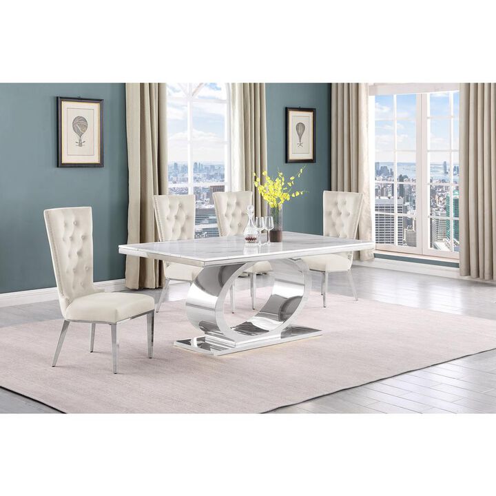 5pc Small(68") marble top dining set with silver base and 4 Cream side chairs