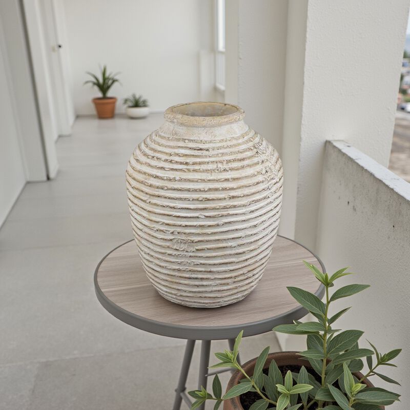 Lezlee Accent Planter, Beige Terracotta, Ridged Textured Urn, 13 Inch - Benzara