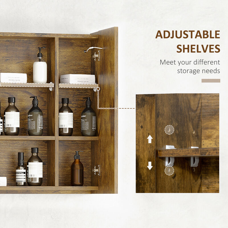 Wall-Mounted LED Bathroom Medicine Cabinet w/ 3-Tier Storage Shelves, Dark Wood