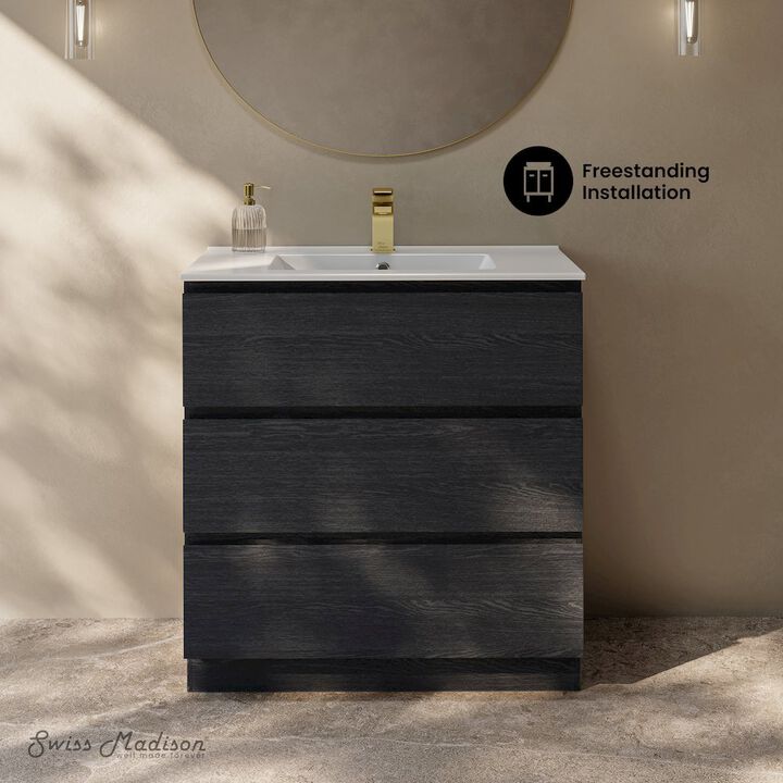 Liberte 30" Freestanding Bathroom Vanity in Black Oak with Sink Top