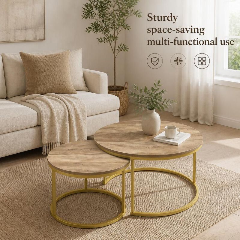 GOODSILO Round Nesting Coffee Table Set of 2, Space-Saving Stackable Side Tables with Marble Pattern Top and Sturdy Metal Frame for Living Room Bedroom Balcony image number 4