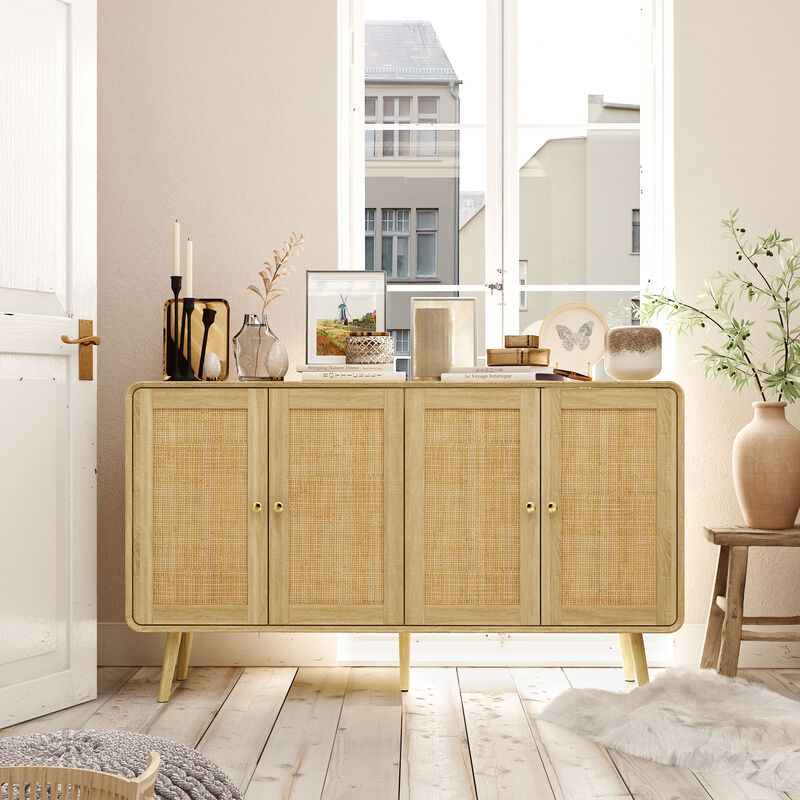 FUFU&GAGA Rattan Wardrobe, Modern Closet with 4 Doors, Gold Handles & Solid Wood Legs, Bedroom Storage Cabinet for Clothes & Accessories (55.1" W x 32.1" H x 13.9" D), Natural Wood