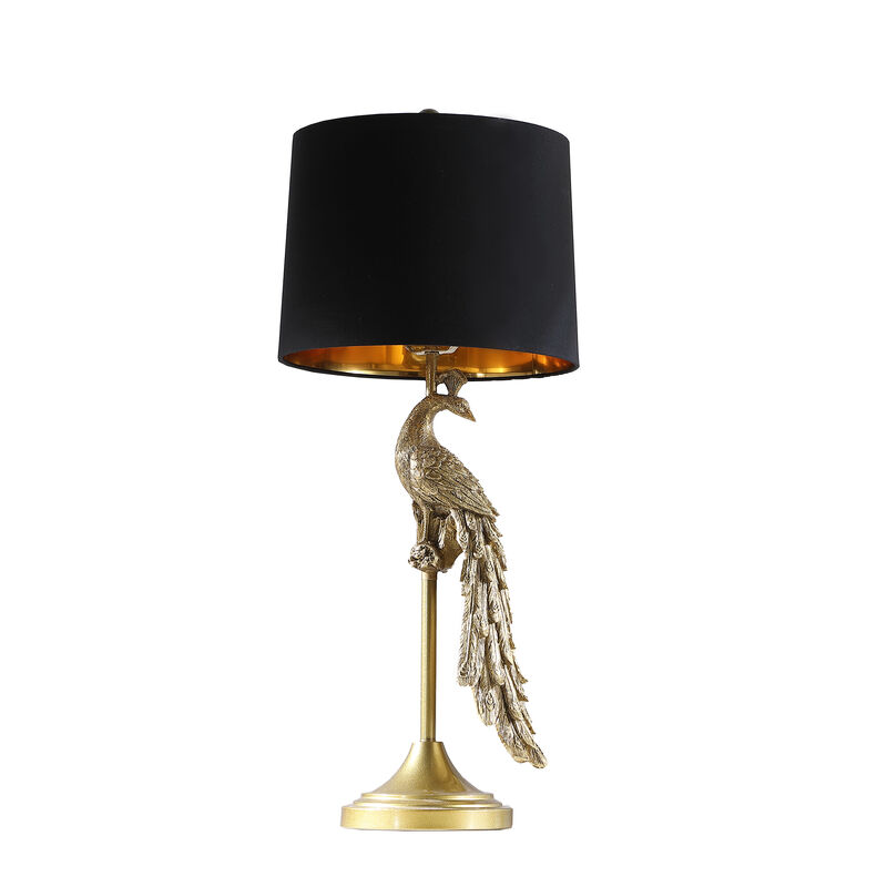 29 Inch Peacock Table Lamp, Gold Polyresin Sculpture, Black Drum Shade - Benzara