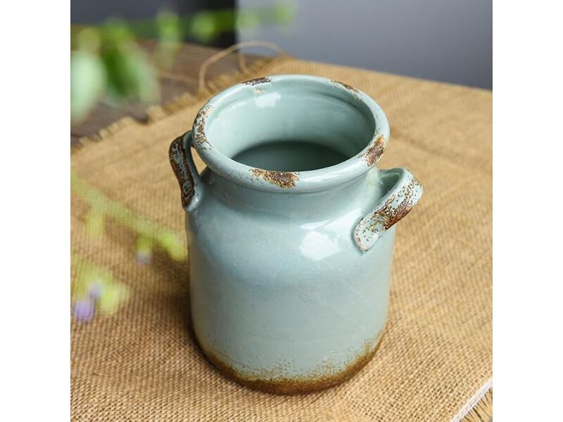 Green Ceramic Vase &ndash; Rustic Farmhouse Distressed Boho Centerpiece image number 2