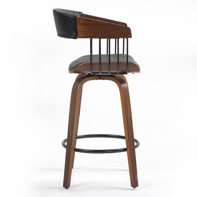 Glamour Home Beaumont Black Faux Leather Counter Stool with Walnut Wood Frame and Legs