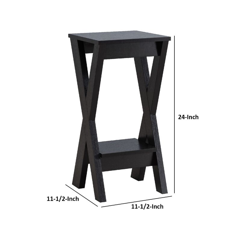24 Inch Plant Stand with X Shaped Legs and Open Shelf, Small, Dark Brown-Benzara