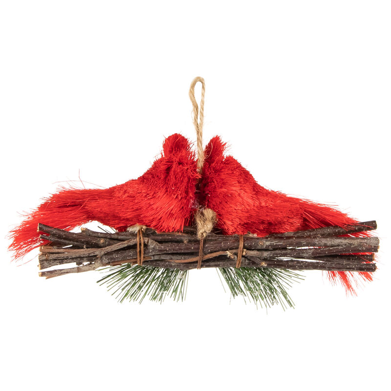 8" Double Cardinal and Pine Needle Branch Hanging Christmas Ornament