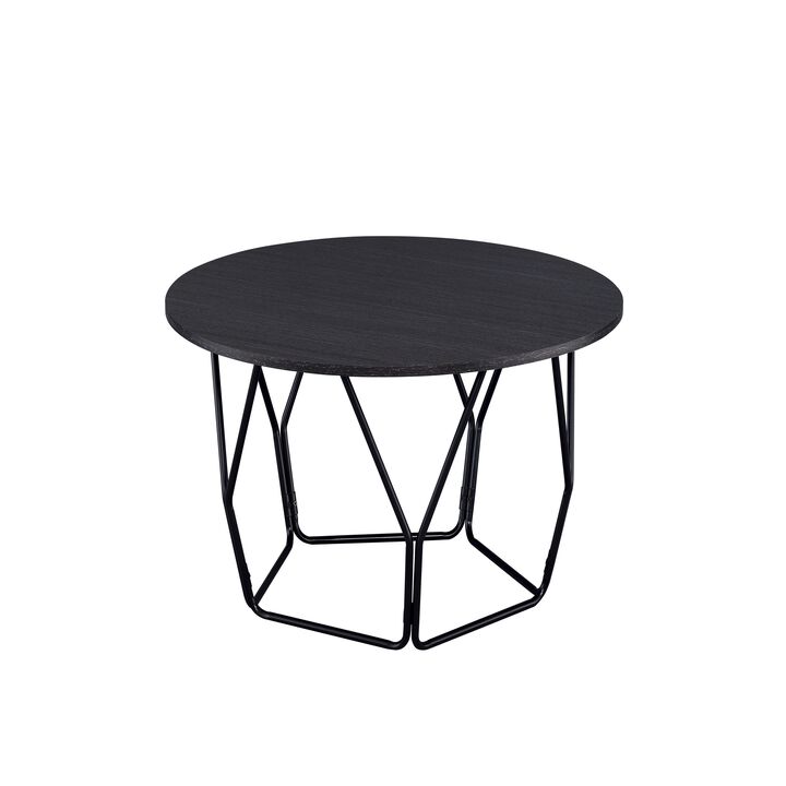 Industrial Round Top Wooden Coffee Table with Geometric Base, Black-Benzara