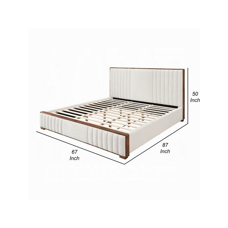Lesa Queen Bed, Channel Tufted Beige Chenille Upholstery, Walnut Brown