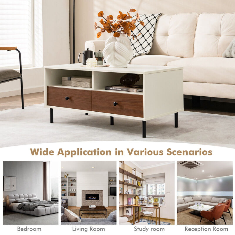 2 Tier 40 Inch Length Modern Rectangle Coffee Table with Storage Shelf and Drawers-White