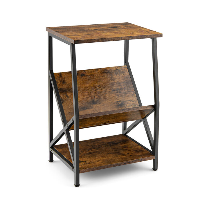 3-Tier Industrial Side Table with V-shaped Bookshelf for Living Room-Rustic Brown