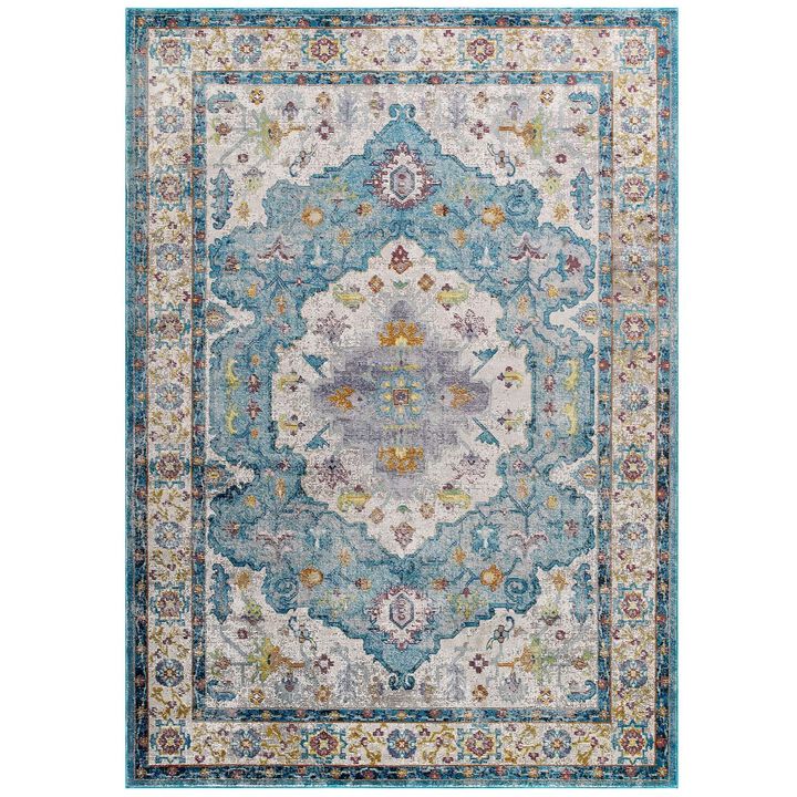 Modway Success Anisah Distressed Floral Vintage 5x8 Area Rug in Light Blue, Ivory, Yellow, Orange