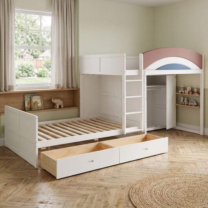 Whisen 136" Full Size Offset Bunk Bed with Wardrobe & 2 Drawers, Upholstered Guardrail, MDF Plywood Space Saving Loft Bed for Kids Bedroom