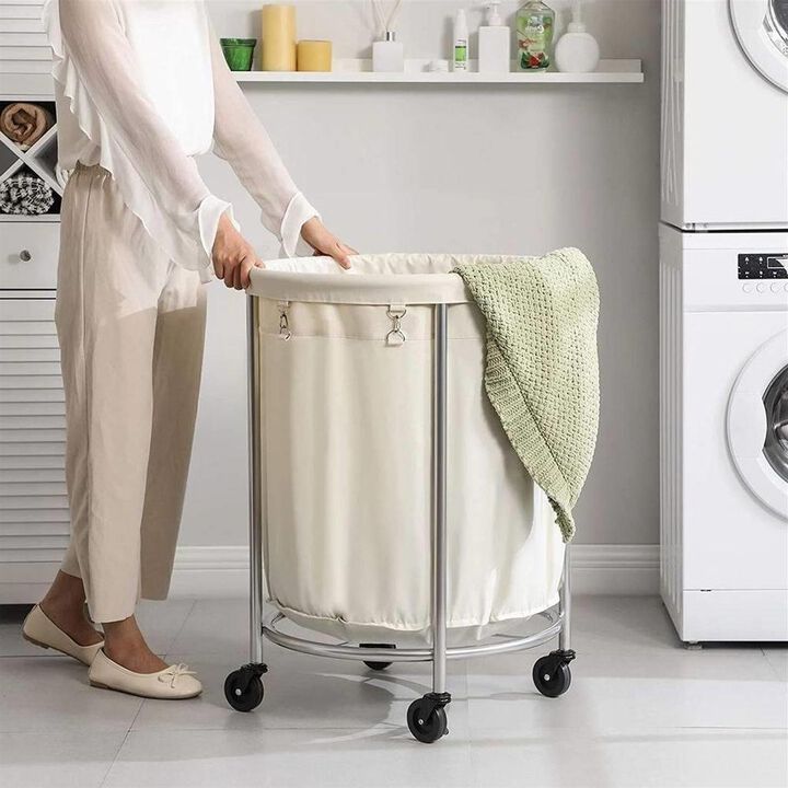 Hivvago Round 45-Gallon Laundry Basket Hamper w/ Cream Fabric Bag Steel Frame on Wheels