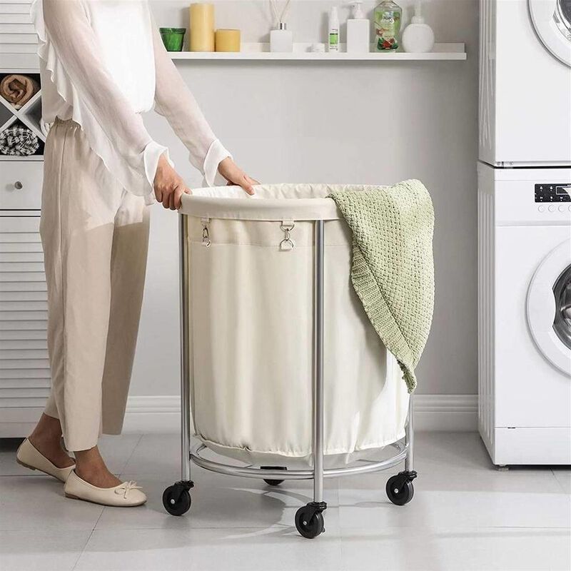 Hivvago Round 45-Gallon Laundry Basket Hamper w/ Cream Fabric Bag Steel Frame on Wheels