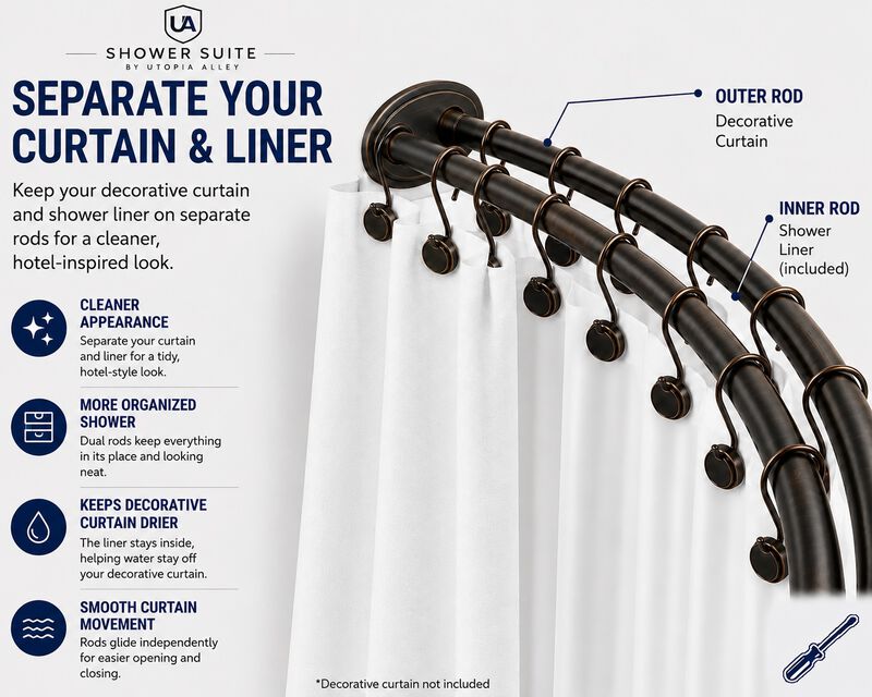 Shower Suite by Utopia Alley &ndash; Rustproof Aluminum Double Curved Shower Curtain Rod Combo Set with Liner & 24 Hooks, Adjustable 45&ndash;72 Inch Wall Mounted Dual Rod, Extra 30% Space image number 2