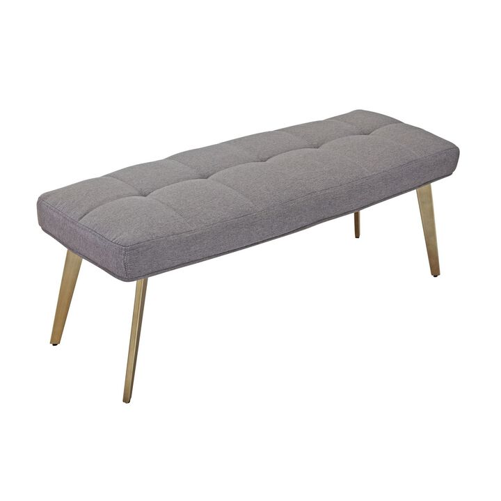 Cid 47 Inch Modern Fabric Bench, Cushion Seat, Metal Legs, Gray, Brass-Benzara