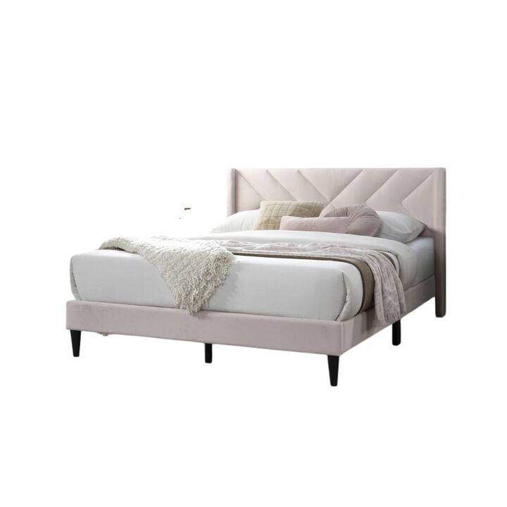 Reno Queen Size Bed, Modern X Channel Tufted Pink Velvet Upholstery - Benzara