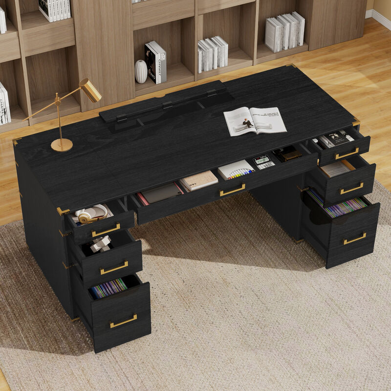 Whisen 70" Executive Desk, 7-Drawer USB MDF Metal for Home Office Study image number 3