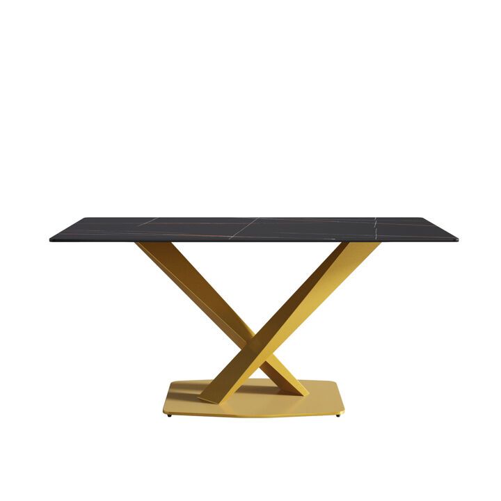 63-inch modern artificial stone black straight edge golden metal X-leg dining table -6 people