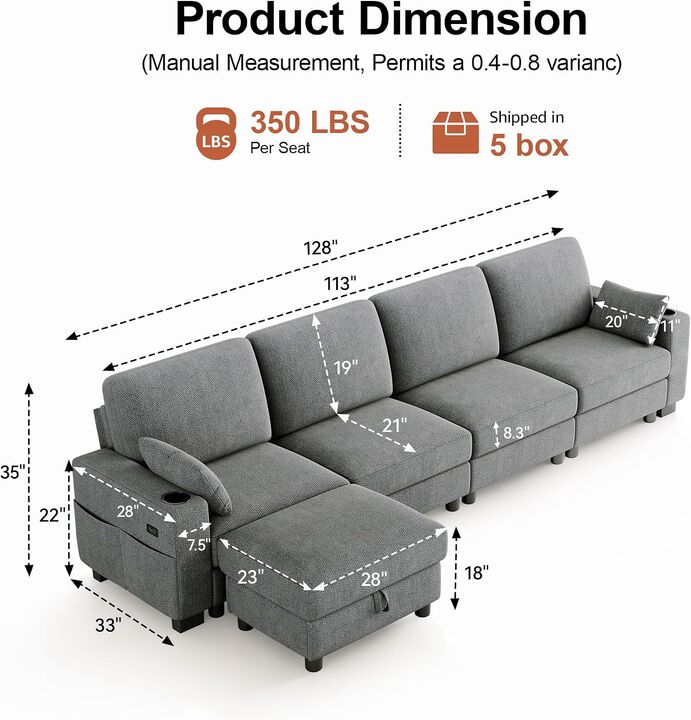 Vipbear 128 Inch Modular Sectional Sofa, Comfy Chenille 5 Seater L Shaped Cloud Couch with Ottoman