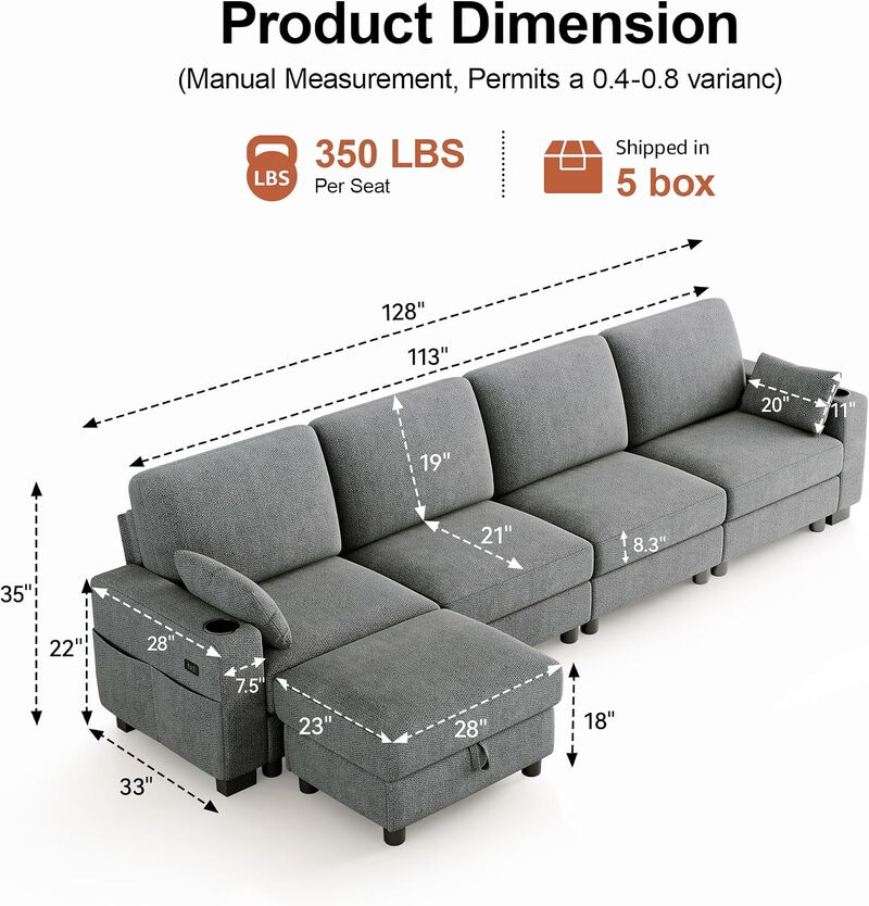 Vipbear 128 Inch Modular Sectional Sofa, Comfy Chenille 5 Seater L Shaped Cloud Couch with Ottoman image number 1