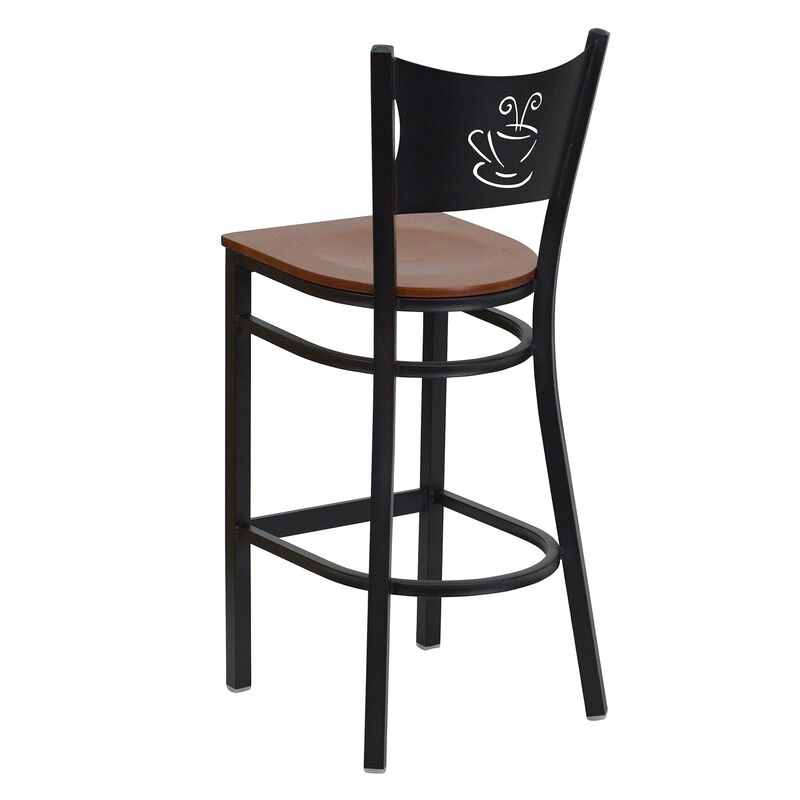 Flash Furniture HERCULES Series Black Coffee Back Metal Restaurant Barstool - Mahogany Wood Seat