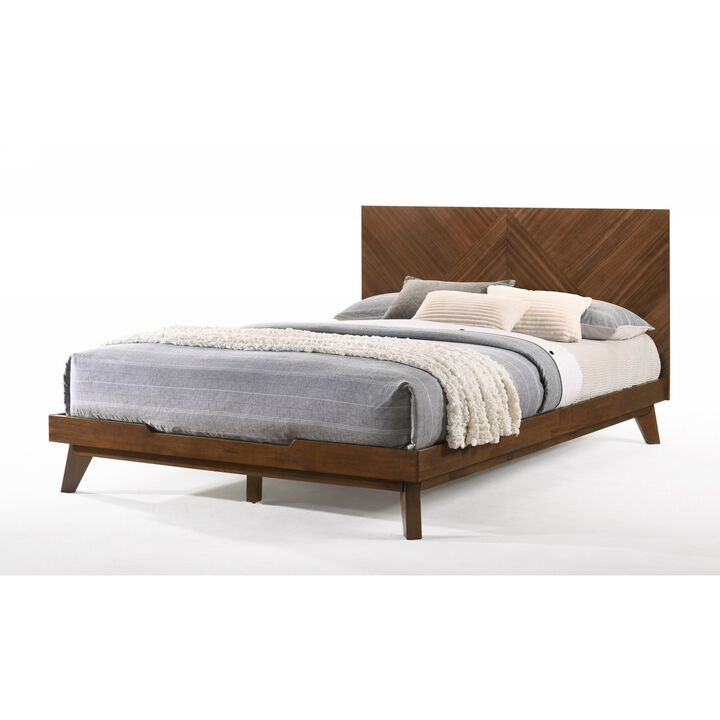 Soer Queen Bed, Chevron Pattern Tall Headboard, Walnut Brown Solid Wood - Benzara