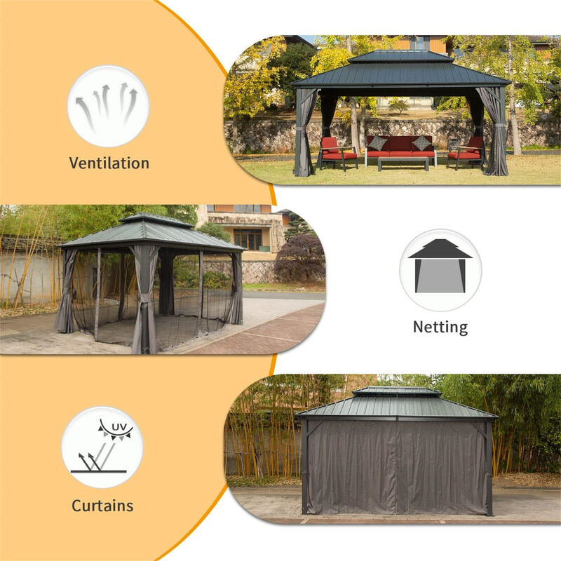 10' X 14' Hardtop Gazebo, Aluminum Metal Gazebo with Galvanized Steel Double Roof Canopy, Curtain and Netting, Permanent Gazebo Pavilion for Patio, Backyard, Deck, Lawn