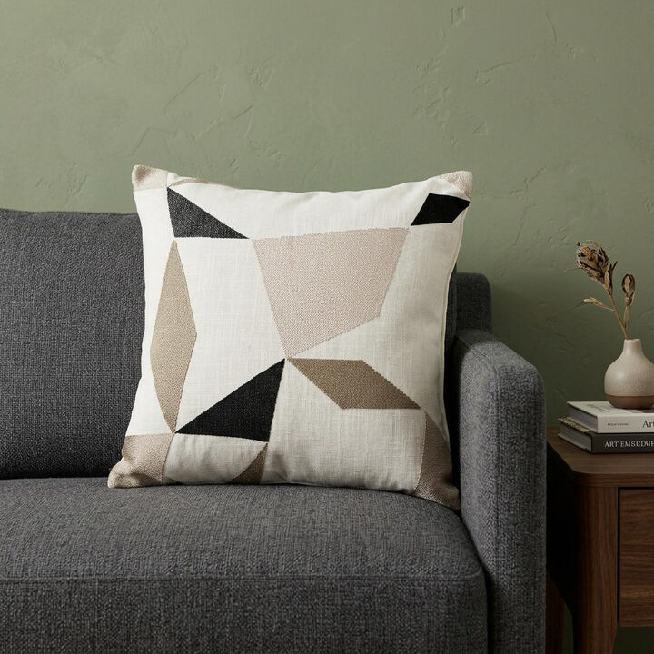 HomeRoots 24" Taupe and Ivory Geometric Cotton Blend Throw Pillow With Embroidery