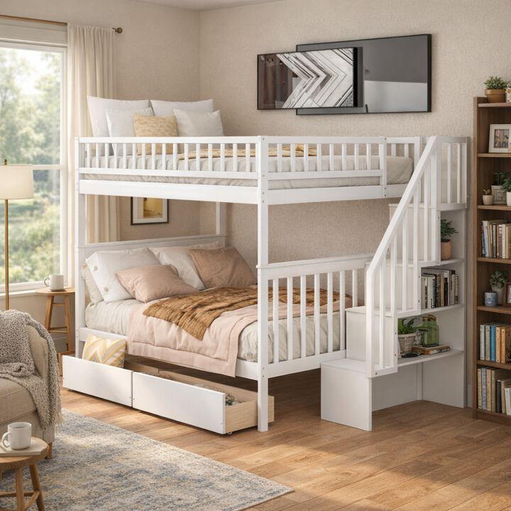 Whisen Full Over Full Bunk Bed with 2 Drawers & Guardrail, Solid Pine for Kids Bedroom