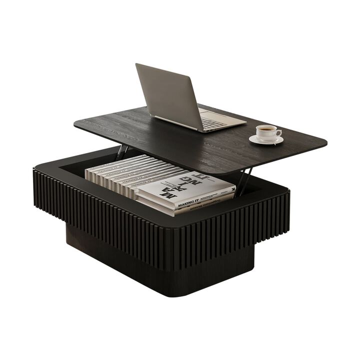 Rectangular lift top coffee table Coffee table with hidden storage and soft close Fluted MDF and solid wood veneer coffee table