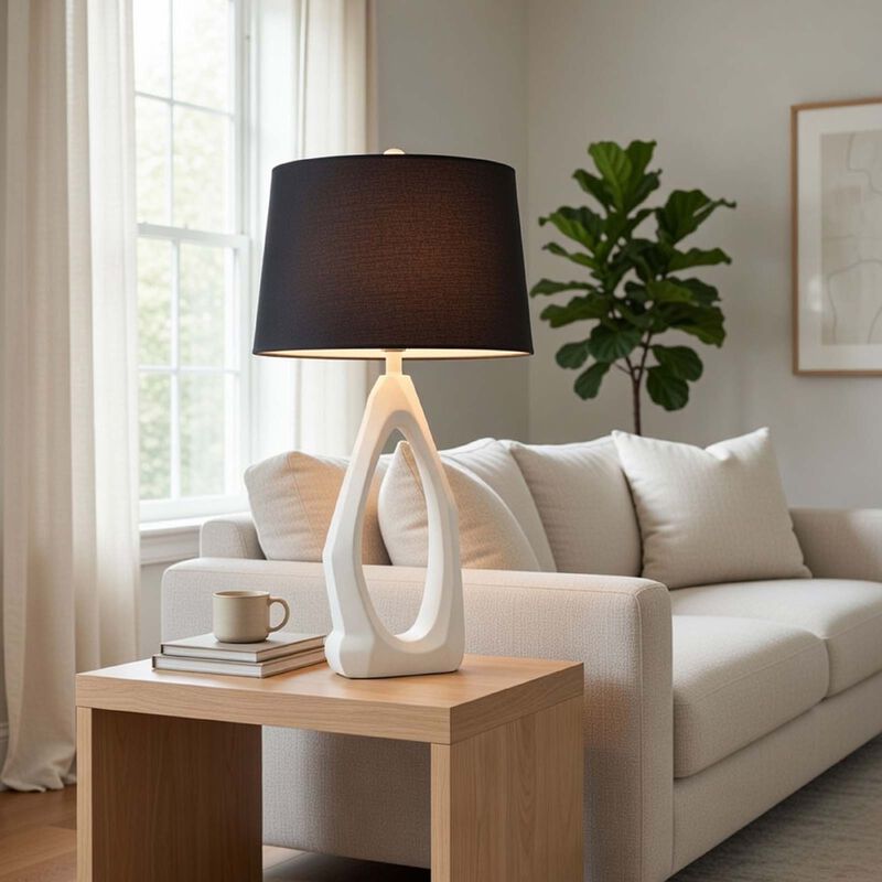 Table Lamp with Black Drum Shade, Sculpted White Resin Base, 30 Inch image number 1