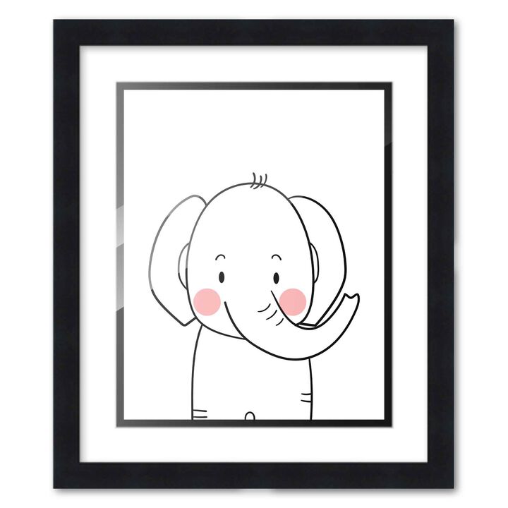 8x10 Framed Nursery Wall Art Black & White Elephant Poster with White Mat in a 10x12 Black Wood Frame