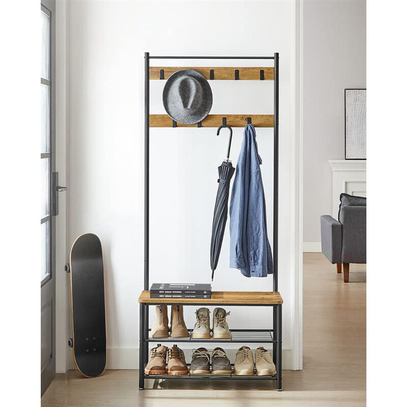 Coat Rack and Shoe Bench with Storage Shelf and Metal Frame
