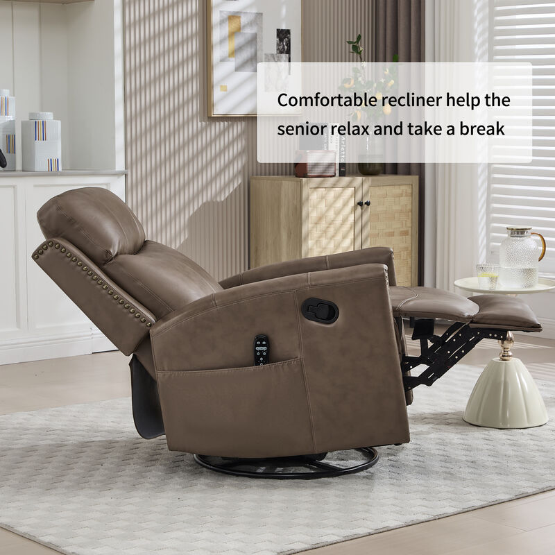 Genuine Leather Heat Massage Manual Recliner Chair with Rocker and Swivel for Living Room image number 7